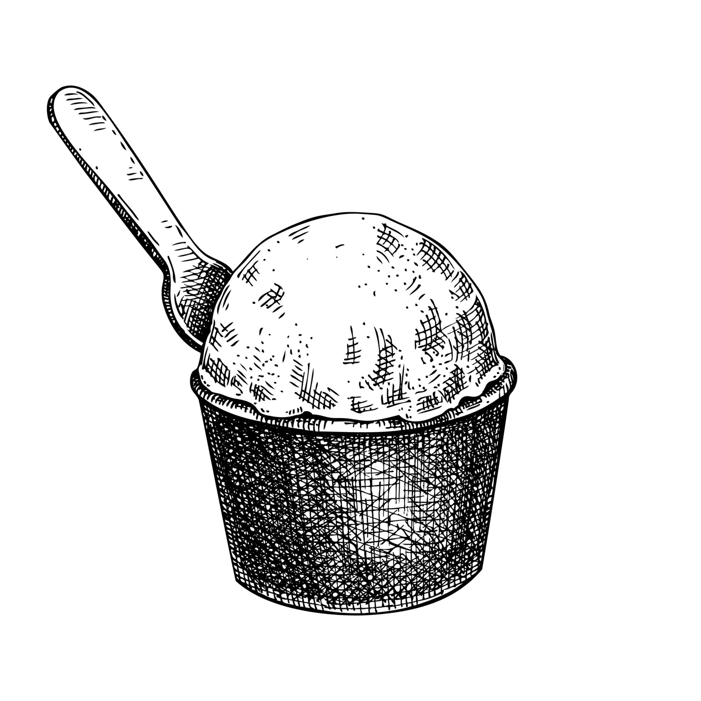 Hand drawn ice cream in cup with spoon sketch. Summer dessert vector illustration isolated on white background. Sorbet drawing. Hand drawn sweet food design element  Illustration